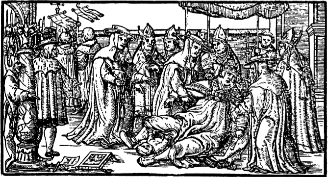Woodcut of pope Johanna giving birth
